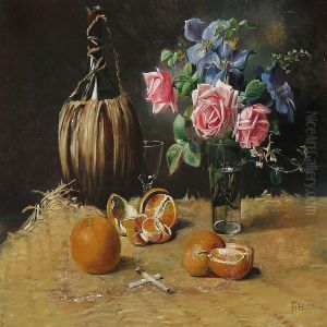 Still Life With Bottle, Oranges, Cigarettes And A Bouquet by Flora Heilmann