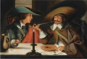 Two Cavaliers Seated At A Table Smoking And Drinking by Wolfgang Heimbach