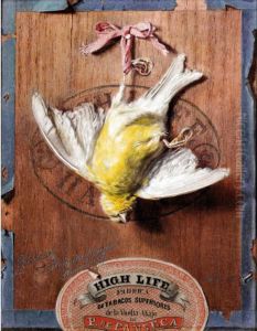 A Bird Hanging From A Cigar Box Lid by Friedrich Heimerdinger