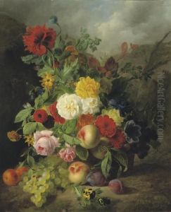A Monumental Bouquet With Fruit And Flowers In A Basket by Jan Hendrik Verheijen