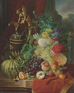 A Still Life With Peaches, Oranges, Melon, Roses And An Ewer On Astone Ledge