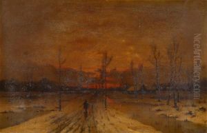 Winter Evening Landscape With Walker Near The Mere by Eduard, Hein Jr.