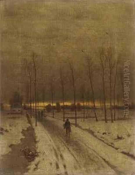 Verschneite Allee Bei Sonnenuntergang Mit Heimkehrenden Jagern - view 1