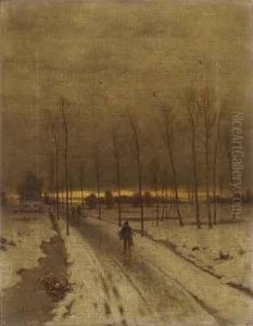 Verschneite Allee Bei Sonnenuntergang Mit Heimkehrenden Jagern