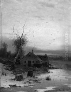 Waldbach; Bauernhaus In Abendlicher Winterlandschaft by Eduard, Hein Jr.