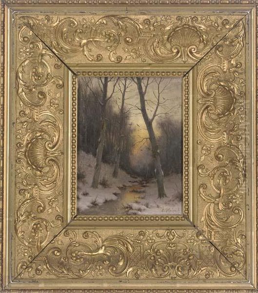Sunset Over A Stream Through A Snowy Forest - view 1
