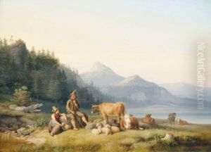 Hirtenpaar Mit Herde In Voralpenlandschaft by Johann Philipp Heinel