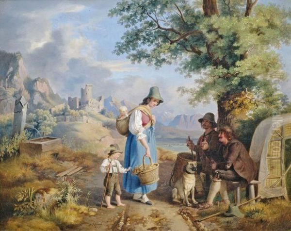 Tirolerin Mit Ihren Kindern Auf Dem Nachhauseweg Vom Markt Im Gesprach Mit Bauern - view 1