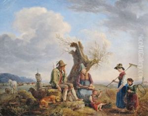 Rastende Bauernfamilie Am Weiderand Vor Weitem Landschaftshintergrund by Johann Philipp Heinel