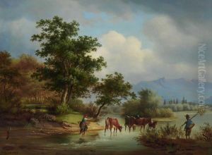 Bauernpaar Mit Rindern Am See by Johann Philipp Heinel