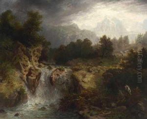 Gebirgslandschaft Mit Wasserfall by Heinrich Heinlein