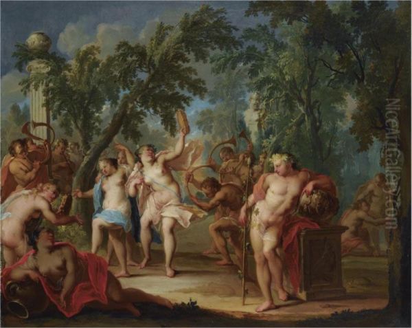 A Bacchanal In A Forest Landscape With Dancing Nymphs And Satyrs Playing The Horns - view 1