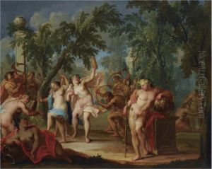 A Bacchanal In A Forest Landscape With Dancing Nymphs And Satyrs Playing The Horns