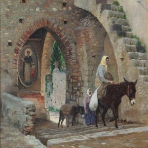 View From A Italian Town With A Woman On A Donkey