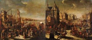 Traineaux Et Cavaliers Sur Une Riviere Gelee