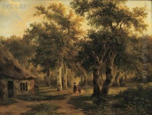 Figures Approaching A Thatched Cottage by Joseph Antonio Hekking