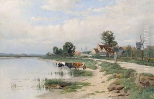 Uferpartie Mit Kuhen Und Windmuhle