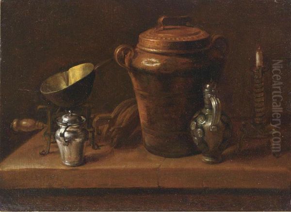 A Still Life With A Silver Sugar Jar, A Copper Bowl On A Stove, A Stoneware Jug And Pot, A Candle And A Pair Of Bellows, All On A Stone Ledge - view 1