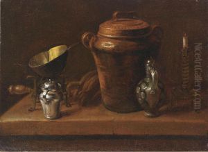 A Still Life With A Silver Sugar Jar, A Copper Bowl On A Stove, A Stoneware Jug And Pot, A Candle And A Pair Of Bellows, All On A Stone Ledge by Georg Held