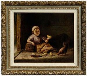 Young Girl Seated In A Barn With Chickens by Johannes Helder