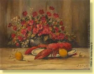 Composition Au Homard Et Au Bouquet De Fleurs by Gustave Helinck
