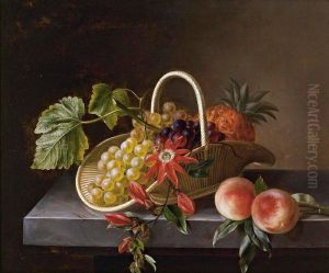 Still Life Of Fruit And Flowers In A Basket And Peaches All Resting On A Marble Ledge