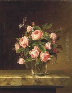 Pink Roses And Forget-me-nots In A Glass On A Marble Ledge by Johanna, Hanna Hellesen