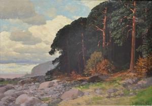 Uferpartie Mit Kiefern In Der Abendrote by Rudolf Hellgrewe