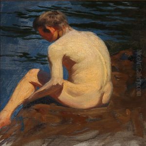 Back Turned Nude Boy On A Beach by Heinrich Hellhoff