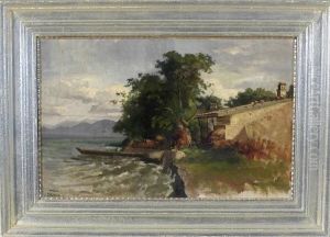 Ruderboot Vor Einem Haus Am Bewaldeten Seeufer Bei Gewitterstimmung by Emil Hellrath