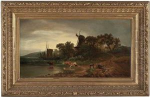 "kuhe Bei Der Tranke Mit Segelschiff Und Windmuhle" by Marie Hellriegel