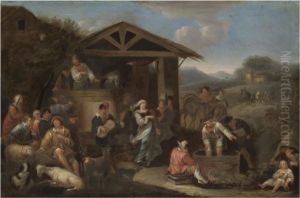 An Italianate Landscape With Peasants Making Merry And Pressing Grapes by Dirk Theodoor Helmbreker
