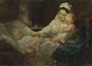 Mutter Mit Zwei Kindern Vor Der Nachtruhe by Philipp Helmer