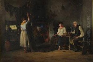 Irish Cottage Interiorwith Two Young Girls Mending Nets Beside The Fireplace Whilstgrandparents Look On by Howard Helmick