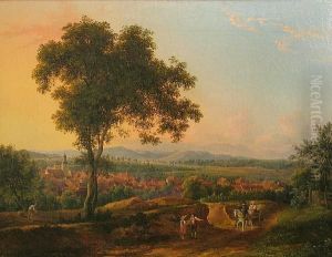An Extensive Landscape With A View Of A Townand Figures In The Foreground