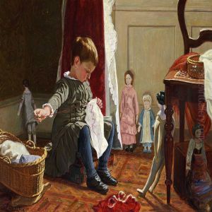 Little Girl Sewing In A Corner Of The Living Room Surrounded By Her Dolls