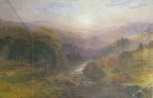River Landscape With Trees And Mountians by Arthur Henry Howard Heming