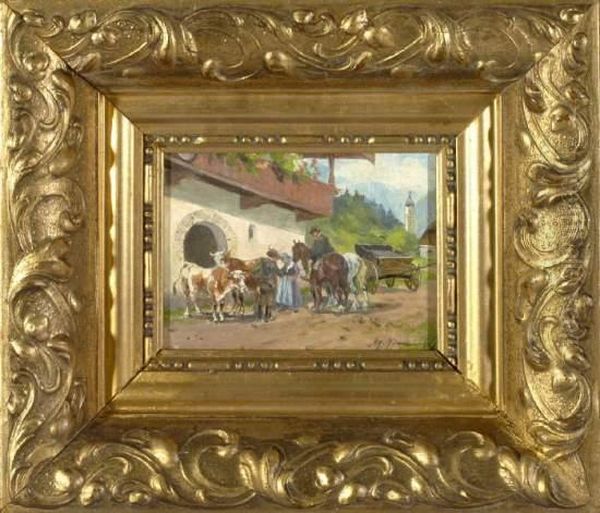 Bauerin Und Zwei Bauern Mit Je Zwei Kuhen Und Pferden Vor Einem Bauernhaus - view 1