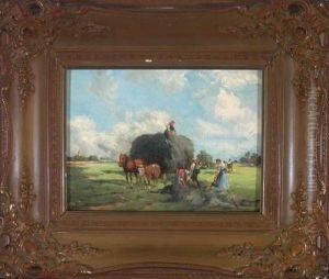 Heuernte Vor Einem Dorf In Weiter Bewolkter Landschaft by Georg Hemmrich