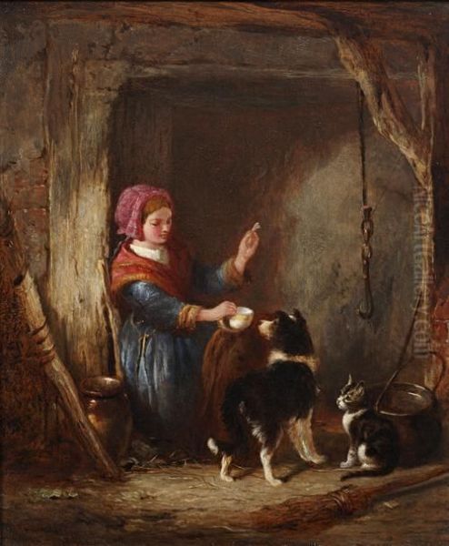 Girl With A Dog And Cat In A Cottage Interior - view 1
