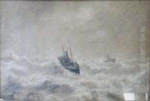 Two Fishing Boats In Rough Seas by Bernard Benedict Hemy