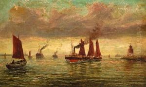 Tyne River Barges Under Tow Past The Point by Bernard Benedict Hemy