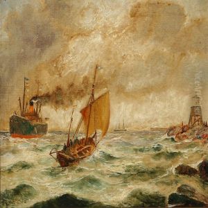 Coastal Scene With Different Ships At The Sea by Bernard Benedict Hemy