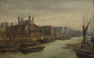 Shipping On The Thames, Tower Of London In The Distance by Thomas Marie Madawaska Hemy