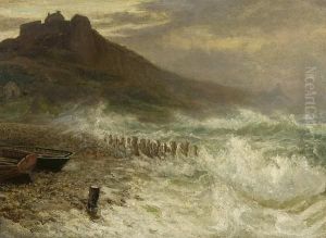 Coastal Scene Thought To Depict Bamburgh Castle by Thomas Marie Madawaska Hemy