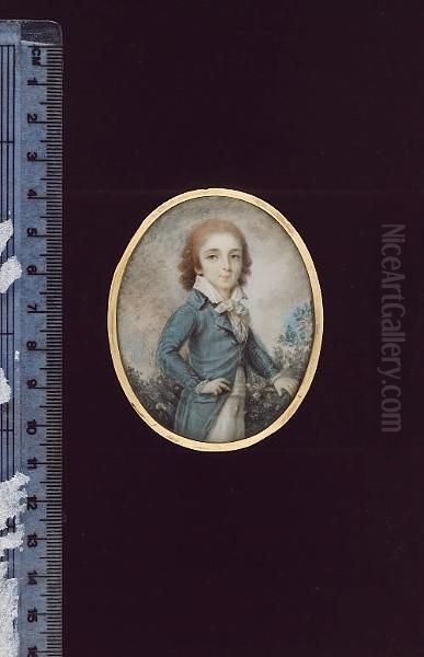 A Boy, Three-quarter Length, His Auburn Hair Worn In Curls, Wearing Blue Frock Coat, White Waistcoat, Collar And Striped Red And White Cravat, Foliage Background - view 1
