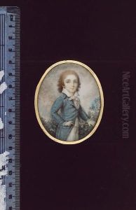 A Boy, Three-quarter Length, His Auburn Hair Worn In Curls, Wearing Blue Frock Coat, White Waistcoat, Collar And Striped Red And White Cravat, Foliage Background by Charles Henard