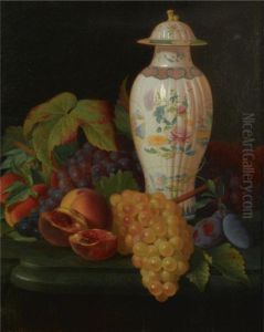 A Famille Rose Vase With Grapes, Peaches, Plums And Apricots On Atable