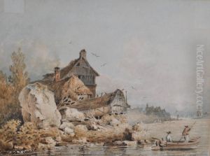 Cottages On A Riverbank by John Henderson