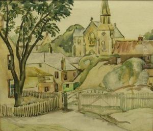 A View Of A Village With A Church On A Hill by P. Henderson